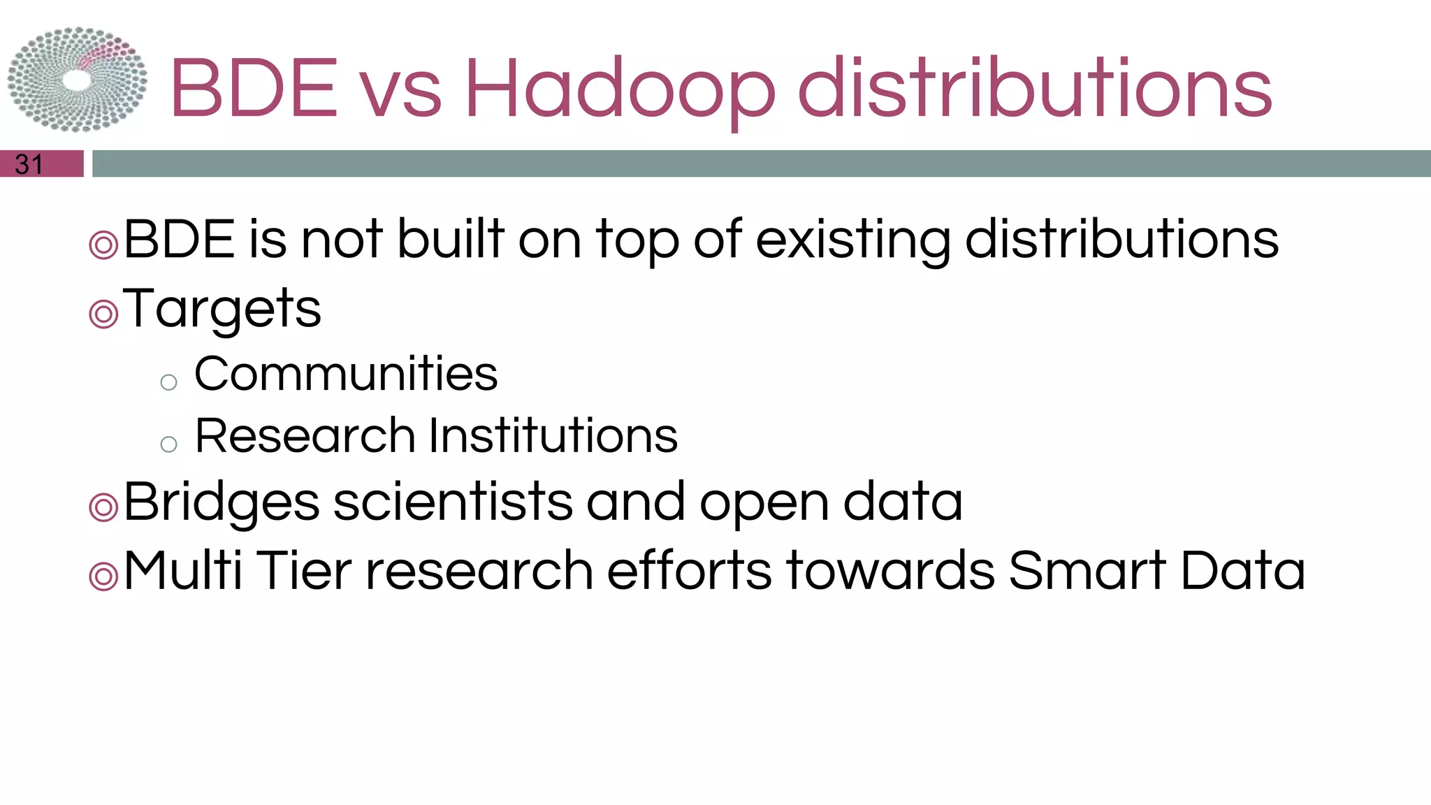 BDE vs Hadoop distributions
◎BDE is not built on top of existing distributions
◎Targets
o Communities
o Research Institutions
◎Bridges scientists and open data
◎Multi Tier research efforts towards Smart Data
31
 