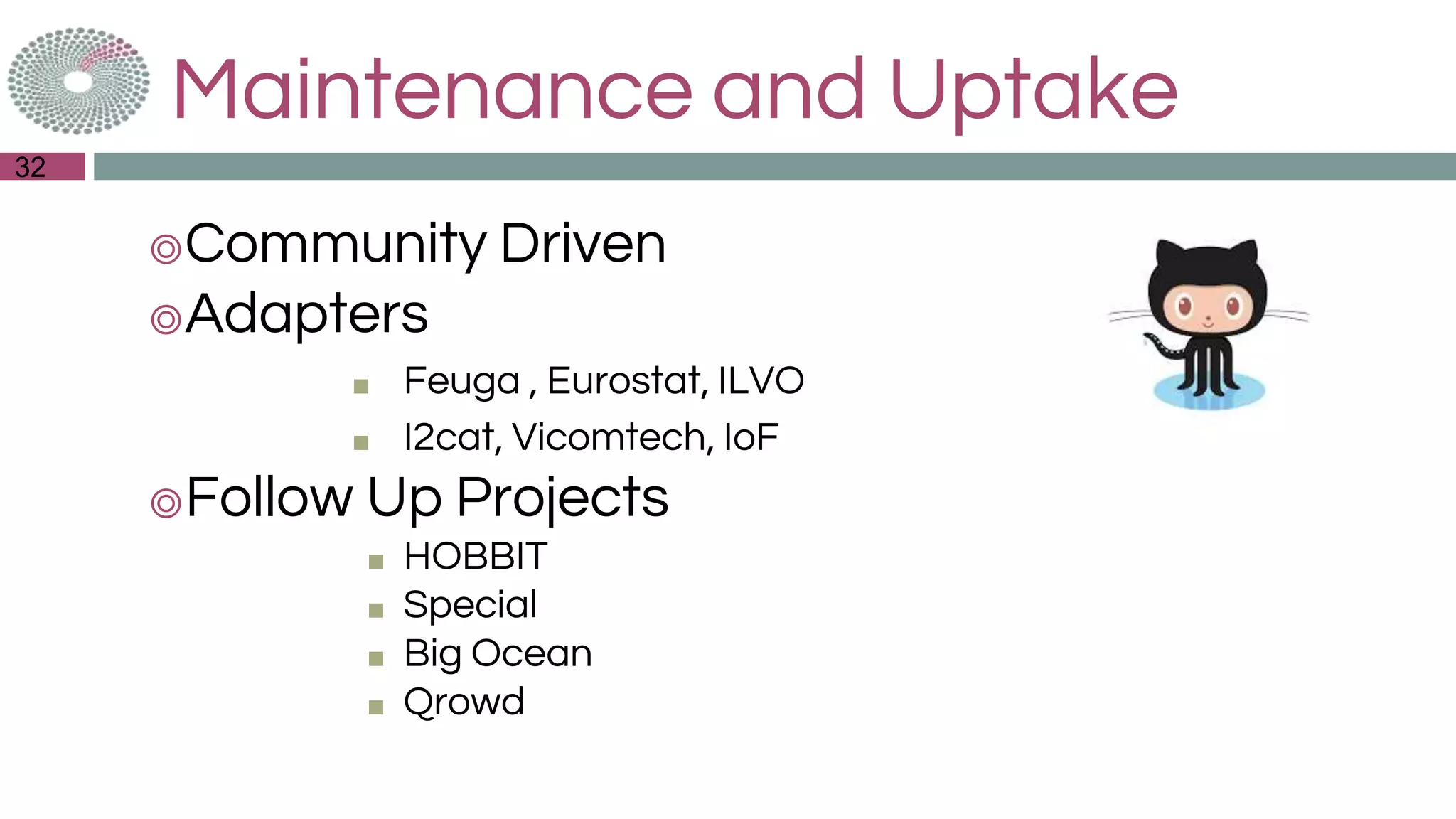 Maintenance and Uptake
◎Community Driven
◎Adapters
■ Feuga , Eurostat, ILVO
■ I2cat, Vicomtech, IoF
◎Follow Up Projects
■ HOBBIT
■ Special
■ Big Ocean
■ Qrowd
32
 