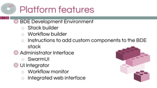 Platform features
◎ BDE Development Environment
o Stack builder
o Workflow builder
o Instructions to add custom components to the BDE
stack
◎ Administrator Interface
o SwarmUI
◎ UI Integrator
o Workflow monitor
o Integrated web interface
11
 
