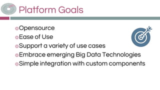 Platform Goals
◎Opensource
◎Ease of Use
◎Support a variety of use cases
◎Embrace emerging Big Data Technologies
◎Simple integration with custom components
 