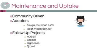 Maintenance and Uptake
◎Community Driven
◎Adapters
■ Feuga , Eurostat, ILVO
■ I2cat, Vicomtech, IoF
◎Follow Up Projects
■ HOBBIT
■ Special
■ Big Ocean
■ Qrowd
32
 