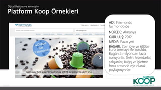 Platform Koop Örnekleri
Dijital İletişim ve Yönetişim
ADI: Fairmondo
fairmondo.de
NEREDE: Almanya
KURULUŞ: 2012
NEDİR: Pazaryeri
BAŞARI: 2bin üye ve 600bin
Euro sermaye ile kuruldu.
Bugün 2 milyondan fazla
sunuyorlar. Gelir; hissedarlar,
çalışanlar, bağış ve işletme
fonu arasında eşit olarak
paylaştırıyorlar.
 