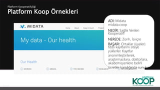 Platform Koop Örnekleri
Platform ǴǱپçğ
ADI: Midata
midata.coop
NEDİR: Sağlık Verileri
Kooperatifi
NEREDE: Zürih, İsviçre
BAŞARI: Ortaklar (üyeler)
tıbbi kayıtlarını siteye
yüklerler. Kayıtlar
anonimleştirilerek,
araştırmacılara, doktorlara,
akademisyenlere belirli
ücretler karşılığında sunulur.
 
