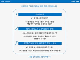 #1 플랫폼이란 무엇인가
#2 플랫폼은 A라는 그룹과 B라는 그룹을
연결해주기만 하면 생성되는 것일까
#3 소프트뱅크는 왜 쿠팡에 1조원을 투자했는가?
#4 다이렉트 커머스 플랫폼과 온디맨드 커머스
플랫폼의 차이는?
#5 플랫폼 사업의 독점이 옳은 것인가?
#6. 플랫폼 사업이 독점적이기 위해서 어떻게 해야 하는가?
지금까지 6가지 질문에 대한 답을 구해봤는데..
화폐유통속도와 2가지 플랫폼 유형
Platform?1
2
플랫폼전략의 방향 :네트워크 경쟁 - 독점
전략
3
Super Summary 작성자: 오종택
이를 한 장으로 정리하면…!
 