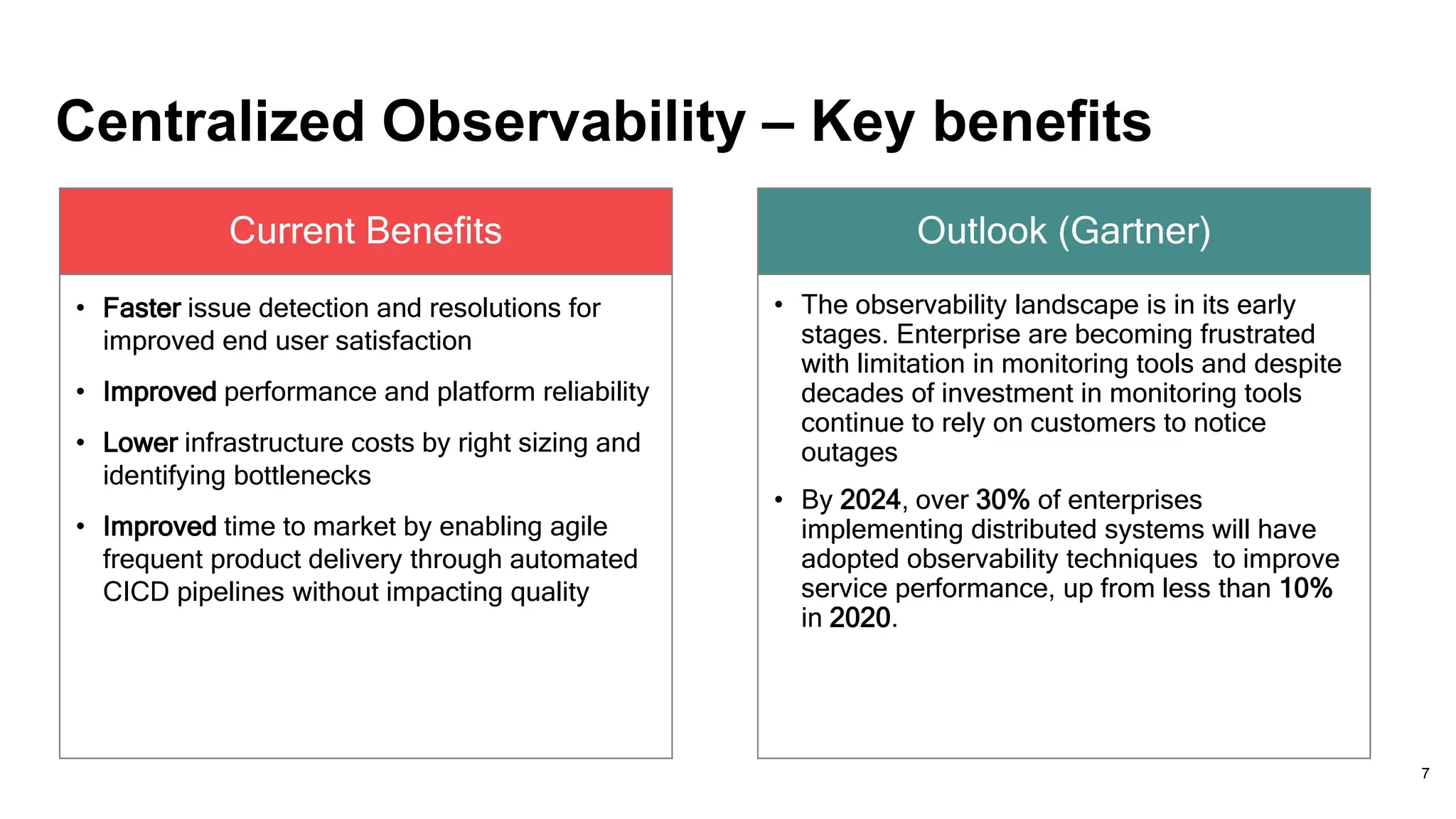 Centralized Observability – Key benefits
Current Benefits
• Faster issue detection and resolutions for
improved end user satisfaction
• Improved performance and platform reliability
• Lower infrastructure costs by right sizing and
identifying bottlenecks
• Improved time to market by enabling agile
frequent product delivery through automated
CICD pipelines without impacting quality
Outlook (Gartner)
• The observability landscape is in its early
stages. Enterprise are becoming frustrated
with limitation in monitoring tools and despite
decades of investment in monitoring tools
continue to rely on customers to notice
outages
• By 2024, over 30% of enterprises
implementing distributed systems will have
adopted observability techniques to improve
service performance, up from less than 10%
in 2020.
7
 