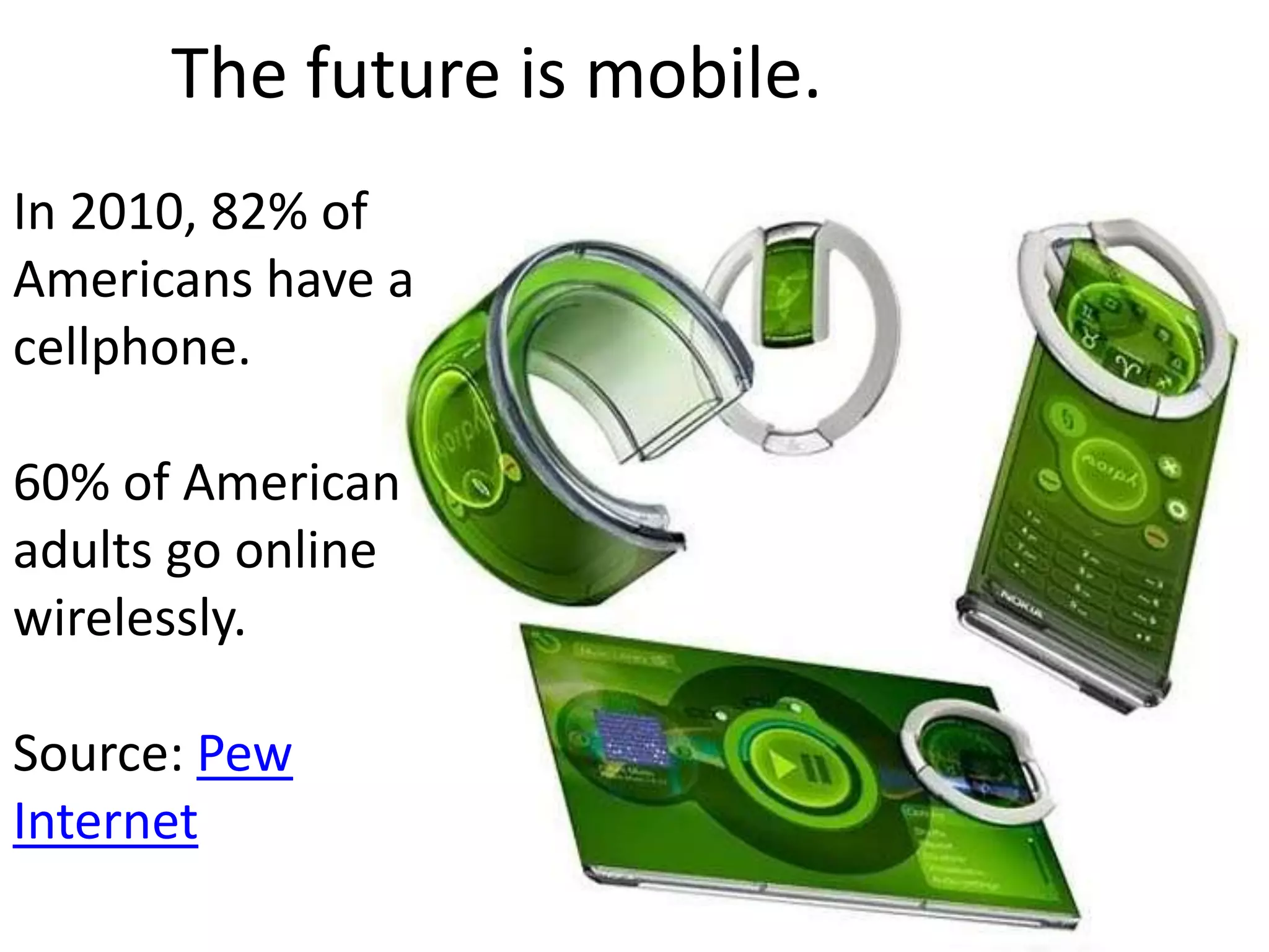 The future is mobile.
In 2010, 82% of
Americans have a
cellphone.

60% of American
adults go online
wirelessly.

Source: Pew
Internet
 