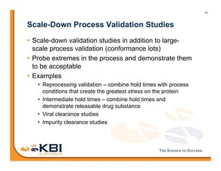 31
Scale-Down Process Validation Studies
• Scale-down validation studies in addition to large-
scale process validation (conformance lots)
• Probe extremes in the process and demonstrate them
to be acceptable
• Examples
• Reprocessing validation – combine hold times with process
conditions that create the greatest stress on the protein
• Intermediate hold times – combine hold times and
demonstrate releasable drug substance
• Viral clearance studies
• Impurity clearance studies
 