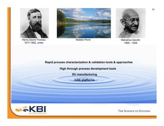 33
mAb platforms
SU manufacturing
High through process development tools
Rapid process characterization & validation tools & approaches
Henry David Thoreau
1817-1862, writer
Walden Pond Mahatma Gandhi
1869 - 1948
 