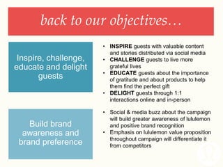 back to our objectives…
Inspire, challenge,
educate and delight
guests
Build brand
awareness and
brand preference
• INSPIRE guests with valuable content
and stories distributed via social media
• CHALLENGE guests to live more
grateful lives
• EDUCATE guests about the importance
of gratitude and about products to help
them find the perfect gift
• DELIGHT guests through 1:1
interactions online and in-person
• Social & media buzz about the campaign
will build greater awareness of lululemon
and positive brand recognition
• Emphasis on lululemon value proposition
throughout campaign will differentiate it
from competitors
 