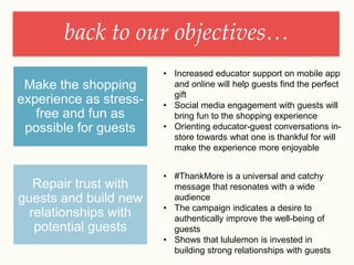back to our objectives…
Make the shopping
experience as stress-
free and fun as
possible for guests
Repair trust with
guests and build new
relationships with
potential guests
• Increased educator support on mobile app
and online will help guests find the perfect
gift
• Social media engagement with guests will
bring fun to the shopping experience
• Orienting educator-guest conversations in-
store towards what one is thankful for will
make the experience more enjoyable
• #ThankMore is a universal and catchy
message that resonates with a wide
audience
• The campaign indicates a desire to
authentically improve the well-being of
guests
• Shows that lululemon is invested in
building strong relationships with guests
 