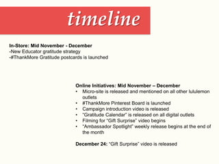 timeline
Online Initiatives: Mid November – December
• Micro-site is released and mentioned on all other lululemon
outlets
• #ThankMore Pinterest Board is launched
• Campaign introduction video is released
• “Gratitude Calendar” is released on all digital outlets
• Filming for “Gift Surprise” video begins
• “Ambassador Spotlight” weekly release begins at the end of
the month
December 24: “Gift Surprise” video is released
In-Store: Mid November - December
-New Educator gratitude strategy
-#ThankMore Gratitude postcards is launched
 