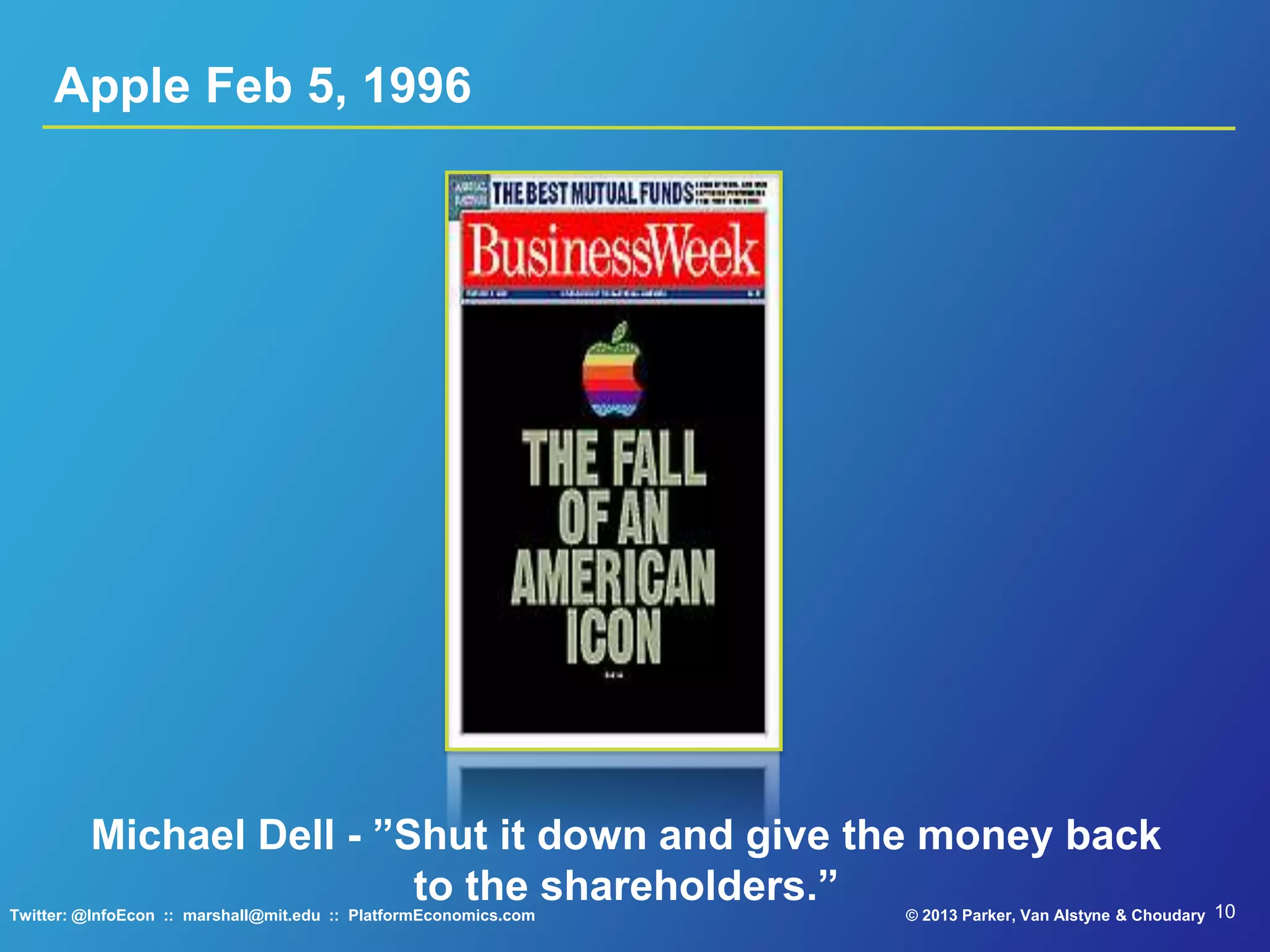 10© 2013 Parker, Van Alstyne & ChoudaryTwitter: @InfoEcon :: marshall@mit.edu :: PlatformEconomics.com
Apple Feb 5, 1996
Michael Dell - ”Shut it down and give the money back
to the shareholders.”
 