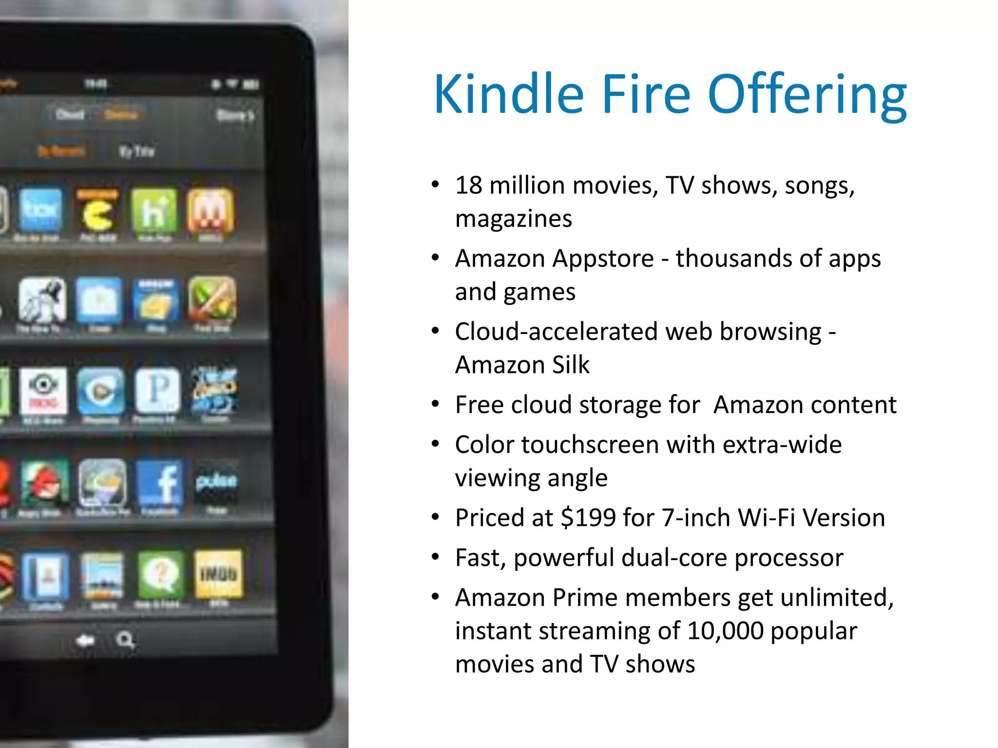 Kindle Fire Offering
• 18 million movies, TV shows, songs,
magazines
• Amazon Appstore - thousands of apps
and games
• Cloud-accelerated web browsing -
Amazon Silk
• Free cloud storage for Amazon content
• Color touchscreen with extra-wide
viewing angle
• Priced at $199 for 7-inch Wi-Fi Version
• Fast, powerful dual-core processor
• Amazon Prime members get unlimited,
instant streaming of 10,000 popular
movies and TV shows
 