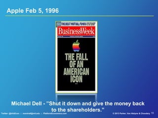 10© 2013 Parker, Van Alstyne & ChoudaryTwitter: @InfoEcon :: marshall@mit.edu :: PlatformEconomics.com
Apple Feb 5, 1996
Michael Dell - ”Shut it down and give the money back
to the shareholders.”
 