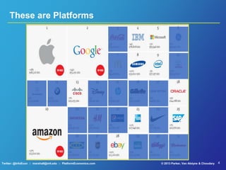 4© 2013 Parker, Van Alstyne & ChoudaryTwitter: @InfoEcon :: marshall@mit.edu :: PlatformEconomics.com
These are Platforms
 