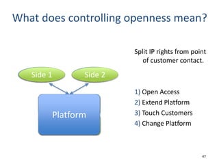 47
What does controlling openness mean?
Split IP rights from point
of customer contact.
1) Open Access
2) Extend Platform
3) Touch Customers
4) Change Platform
Platform Provider
Side 1 Side 2
Platform Sponsor
Side 1 Side 2
Platform Provider
Platform Sponsor
Platform
 