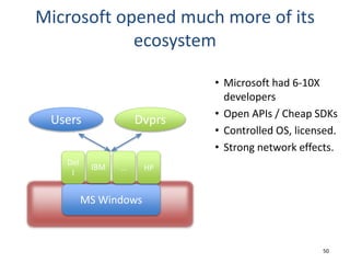 50
Microsoft opened much more of its
ecosystem
• Microsoft had 6-10X
developers
• Open APIs / Cheap SDKs
• Controlled OS, ...