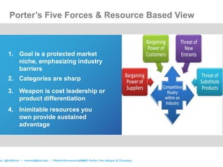 1. Goal is a protected market
niche, emphasizing industry
barriers
2. Categories are sharp
3. Weapon is cost leadership or...