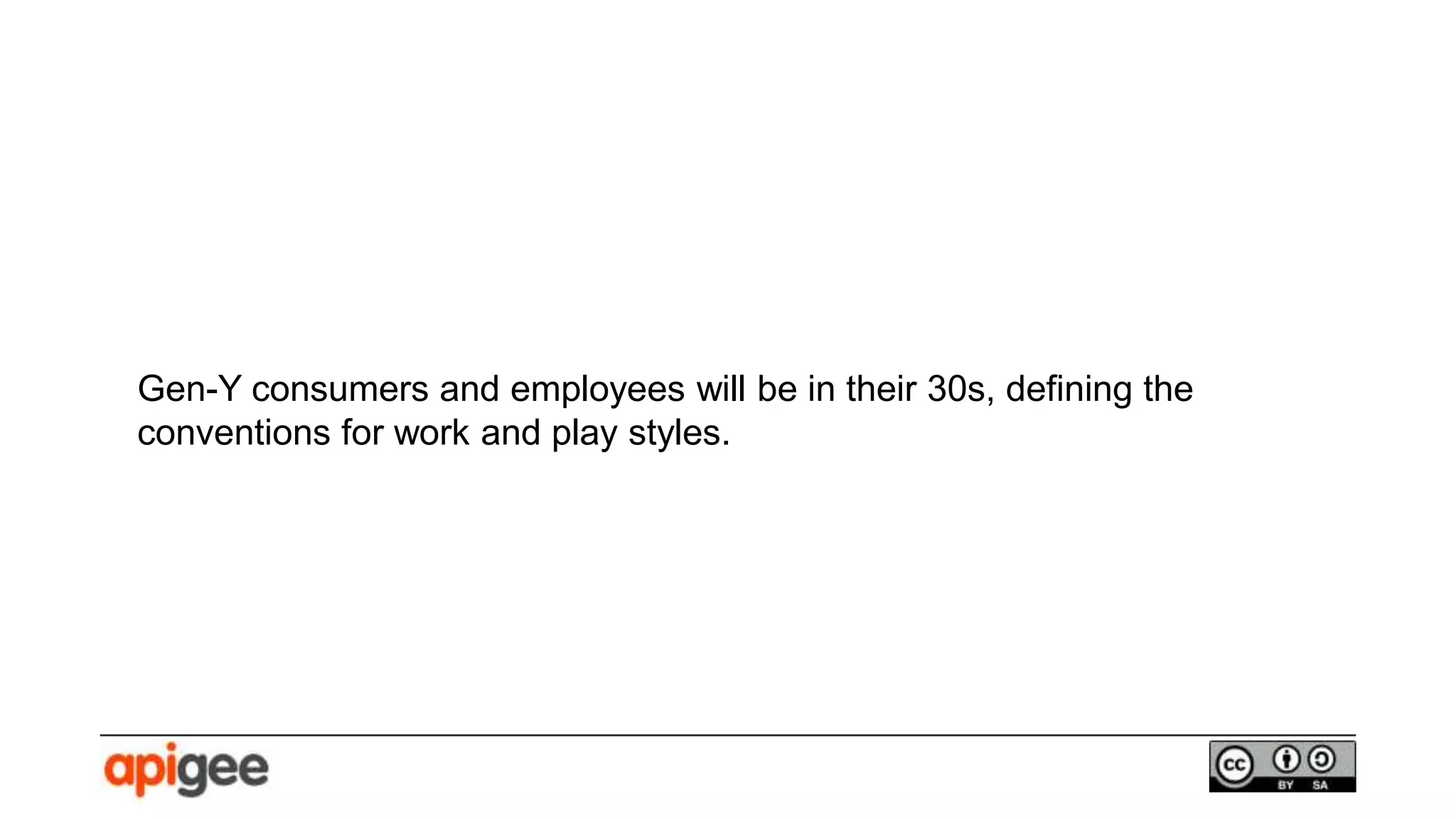 Gen-Y consumers and employees will be in their 30s, defining the
conventions for work and play styles.
 