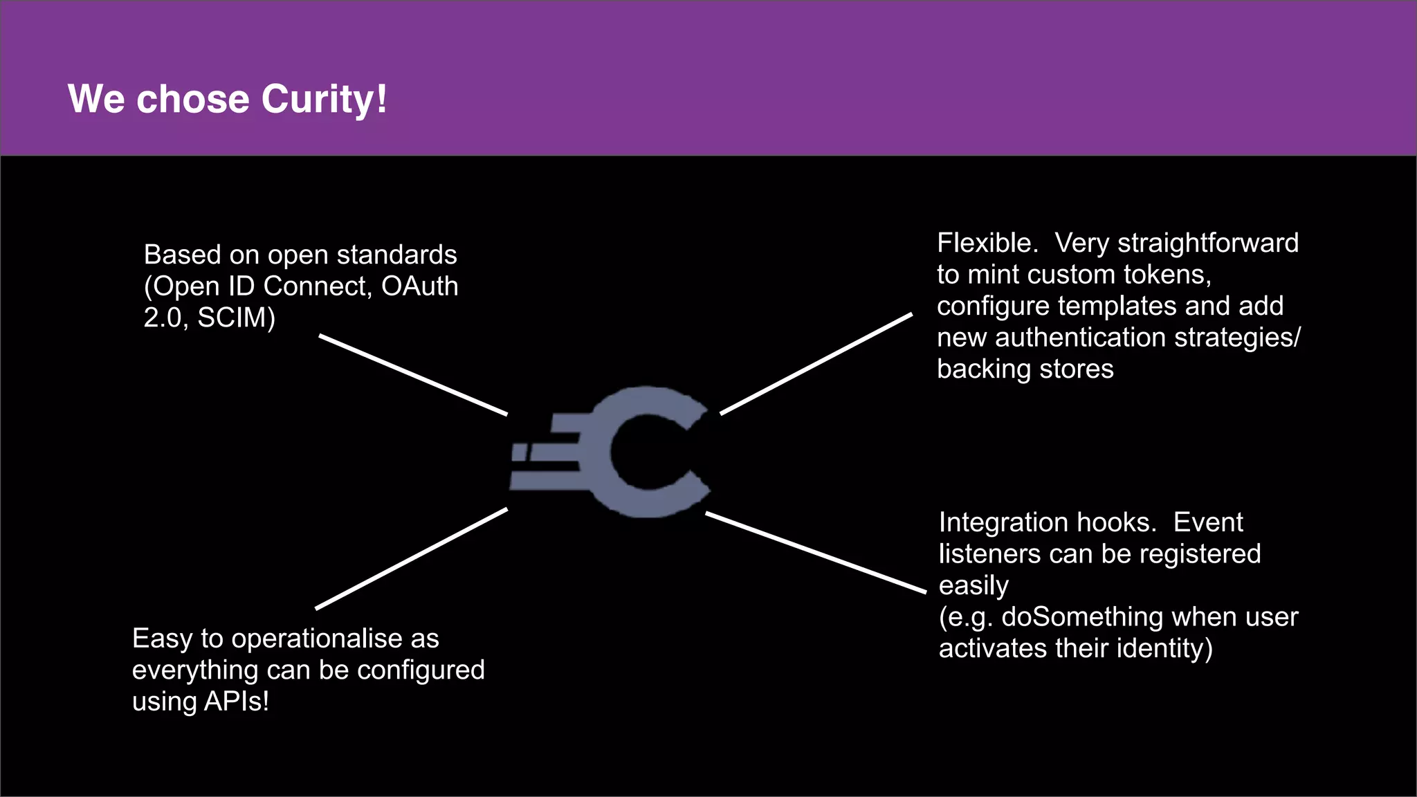 Make a copy of this doc
This is the master doc
Content
We chose Curity!
...future services/products
Based on open standards
(Open ID Connect, OAuth
2.0, SCIM)
Easy to operationalise as
everything can be configured
using APIs!
Flexible. Very straightforward
to mint custom tokens,
configure templates and add
new authentication strategies/
backing stores
Integration hooks. Event
listeners can be registered
easily
(e.g. doSomething when user
activates their identity)
 