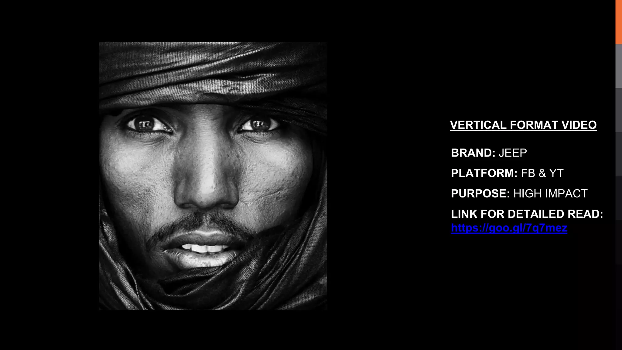 VERTICAL FORMAT VIDEO
BRAND: JEEP
PLATFORM: FB & YT
PURPOSE: HIGH IMPACT
LINK FOR DETAILED READ:
https://goo.gl/7q7mez
 