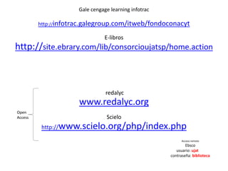 Gale cengage learning infotrac
http://infotrac.galegroup.com/itweb/fondoconacyt
E-libros
http://site.ebrary.com/lib/consorcioujatsp/home.action
redalyc
www.redalyc.org
Scielo
http://www.scielo.org/php/index.php
Open
Access
Acceso remoto
Ebsco
usuario: ujat
contraseña: biblioteca
 