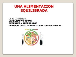 UNA ALIMENTACION EQUILIBRADADEBE CONTENER:VERDURAS Y FRUTASCEREALES Y TUBERCULOSLEGUMINOSAS Y ALIMENTOS DE ORIGEN ANIMAL