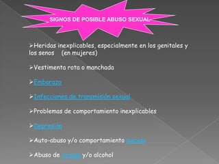 SIGNOS DE POSIBLE ABUSO SEXUAL



Heridas inexplicables, especialmente en los genitales y
los senos (en mujeres)

Vestimenta rota o manchada

Embarazo

Infecciones de transmisión sexual

Problemas de comportamiento inexplicables

Depresión

Auto-abuso y/o comportamiento suicida

Abuso de drogas y/o alcohol
 