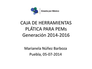 CAJA DE HERRAMIENTAS
PLÁTICA PARA PEMs
Generación 2014-2016
Marianela Núñez Barboza
Puebla, 05-07-2014
 