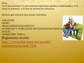 Nota.
Si su hijo presenta 3 o más materias reprobadas quedara condicionado y se le
citara su presencia a el área de orientación educativa.
Motivos que ameriten baja escolar inmediata:
• GRAFFITI
• ROBO
• BAJO APROVECHAMIENTO
• CONSUMO Y PORTACIÓN DE SUSTANCIAS NOCIVAS PARA SU
SALUD.
• AGRECIÓN FISICA.
Reglamento escolar:
http://www.slideshare.net/paco62/
reglamentoescolar6-1516
 