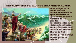PREFIGURACIONES DEL BAUTISMO EN LA ANTIGUA ALIANZA
En la liturgia de la
noche pascual,
cuando se bendice el
agua bautismal, la
iglesia hace solemne
memoria de los
grandes
acontecimientos de la
historia de salvación
que prefiguraban ya el
misterio del bautismo.
El arca de Noé
El paso por el mar rojo
El paso por el rio
Jordán
 