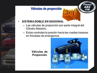 • SISTEMADOBLE EN DIAGONAL
– Las válvulas de proporción son parte integral del
Cilindro Maestro.
– Estas controlan la presión hacia las ruedas traseras
en frenadas de emergencia.
Válvulas de
Proporción
 