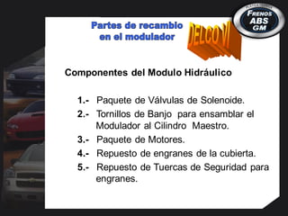 • Componentes del Modulo Hidráulico
– 1.- Paquete de Válvulas de Solenoide.
– 2.- Tornillos de Banjo para ensamblar el
Modulador al Cilindro Maestro.
– 3.- Paquete de Motores.
– 4.- Repuesto de engranes de la cubierta.
– 5.- Repuesto de Tuercas de Seguridad para
engranes.
 