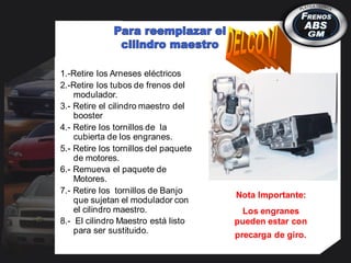 1.-Retire los Arneses eléctricos
2.-Retire los tubos de frenos del
modulador.
3.- Retire el cilindro maestro del
booster
4.- Retire los tornillos de la
cubierta de los engranes.
5.- Retire los tornillos del paquete
de motores.
6.- Remueva el paquete de
Motores.
7.- Retire los tornillos de Banjo
que sujetan el modulador con
el cilindro maestro.
8.- El cilindro Maestro está listo
para ser sustituido.
Nota Importante:
Los engranes
pueden estar con
precarga de giro.
 