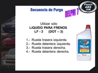 1.- Rueda trasera izquierda.
2.- Rueda delantera izquierda.
3.- Rueda trasera derecha.
4.- Rueda delantera derecha.
Utilizar sólo
LíQUIDO PARA FRENOS
LF - 3 (DOT – 3)
 