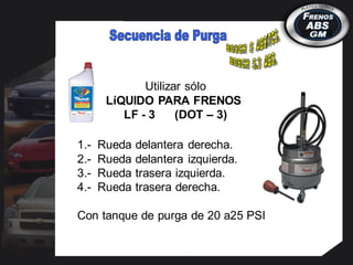 1.- Rueda delantera derecha.
2.- Rueda delantera izquierda.
3.- Rueda trasera izquierda.
4.- Rueda trasera derecha.
Con tanque de purga de 20 a25 PSI
Utilizar sólo
LíQUIDO PARA FRENOS
LF - 3 (DOT – 3)
 