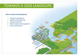 TOWARDS A 2020 LANDSCAPE

Rivers: Arteries for development

  1.   Transport and logistics
  2.   Wildlife and biodiversity
  3.   Energy production
  4.   Water supply and management
  5.   Leisure and tourism           1   2
                                                                     5



                                             3
                                                             1
                                                     4                   4
                                                         2
                                                 5
                                                                             3




                                                                         1



                                                                 5
 