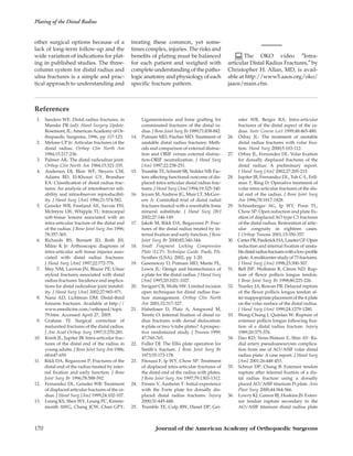 other surgical options because of a
lack of long-term follow-up and the
wide variation of indications for plat-
ing in published studies. The three-
column system for distal radius and
ulna fractures is a simple and prac-
tical approach to understanding and
treating these common, yet some-
times complex, injuries. The risks and
beneﬁts of plating must be balanced
for each patient and weighed with
complete understanding of the patho-
logic anatomy and physiology of each
speciﬁc fracture pattern.
The OKO video ″Intra-
articular Distal Radius Fractures,″ by
Christopher H. Allan, MD, is avail-
able at http://www5.aaos.org/oko/
jaaos/main.cfm.
References
1. Sanders WE: Distal radius fractures, in
Manske PR (ed): Hand Surgery Update.
Rosemont, IL:AmericanAcademy of Or-
thopaedic Surgeons, 1996, pp 117-123.
2. Melone CP Jr: Articular fractures of the
distal radius. Orthop Clin North Am
1984;15:217-236.
3. Palmer AK: The distal radioulnar joint.
Orthop Clin North Am 1984;15:321-335.
4. Andersen DJ, Blair WF, Steyers CM,
Adams BD, El-Khouri GY, Brandser
EA: Classiﬁcation of distal radius frac-
tures: An analysis of interobserver reli-
ability and intraobserver reproducibil-
ity. J Hand Surg [Am] 1996;21:574-582.
5. Geissler WB, Freeland AE, Savoie FH,
McIntyre LW, Whipple TL: Intracarpal
soft-tissue lesions associated with an
intra-articular fracture of the distal end
of the radius. J Bone Joint Surg Am 1996;
78:357-365.
6. Richards RS, Bennett JD, Roth JH,
Milne K Jr: Arthroscopic diagnosis of
intra-articular soft tissue injuries asso-
ciated with distal radius fractures.
J Hand Surg [Am] 1997;22:772-776.
7. May NM, Lawton JN, Blazar PE: Ulnar
styloid fractures associated with distal
radius fractures: Incidence and implica-
tions for distal radioulnar joint instabil-
ity. J Hand Surg [Am] 2002;27:965-971.
8. Nana AD, Lichtman DM: Distal-third
forearm fractures. Available at http://
www.emedicine.com/orthoped/topic
79.htm. Accessed April 27, 2005.
9. Graham TJ: Surgical correction of
malunited fractures of the distal radius.
J Am Acad Orthop Surg 1997;5:270-281.
10. Knirk JL, Jupiter JB: Intra-articular frac-
tures of the distal end of the radius in
young adults. J Bone Joint Surg Am 1986;
68:647-659.
11. Rikli DA, Regazzoni P: Fractures of the
distal end of the radius treated by inter-
nal ﬁxation and early function. J Bone
Joint Surg Br 1996;78:588-592.
12. Fernandez DL, Geissler WB: Treatment
of displaced articular fractures of the ra-
dius. J Hand Surg [Am] 1999;24:102-107.
13. Leung KS, Shen WY, Leung PC, Kinnin-
month AWG, Chang JCW, Chan GPY:
Ligamentotaxis and bone grafting for
comminuted fractures of the distal ra-
dius. J Bone Joint Surg Br 1989;71:838-842.
14. Putnam MD, Fischer MD: Treatment of
unstable distal radius fractures: Meth-
ods and comparison of external distrac-
tion and ORIF versus external distrac-
tion-ORIF neutralization. J Hand Surg
[Am] 1997;22:238-251.
15. Trumble TE, Schmitt SR, Vedder NB: Fac-
tors affecting functional outcome of dis-
placed intra-articular distal radius frac-
tures. J Hand Surg [Am] 1994;19:325-340.
16. Jeyam M,Andrew JG, Muir LT, McGov-
ern A: Controlled trial of distal radial
fractures treated with a resorbable bone
mineral substitute. J Hand Surg [Br]
2002;27:146-149.
17. Jakob M, Rikli DA, Regazzoni P: Frac-
tures of the distal radius treated by in-
ternal ﬁxation and early function. J Bone
Joint Surg Br 2000;82:340-344.
18. Small Fragment Locking Compression
Plate (LCP): Technique Guide. Paoli, PA:
Synthes (USA), 2002, pp 1-20.
19. Gesensway D, Putnam MD, Mente PL,
Lewis JL: Design and biomechanics of
a plate for the distal radius. J Hand Surg
[Am] 1995;20:1021-1027.
20. Swigart CR, Wolfe SW: Limited incision
open techniques for distal radius frac-
ture management. Orthop Clin North
Am 2001;32:317-327.
21. Hahnloser D, Platz A, Amgwerd M,
Trentz O: Internal ﬁxation of distal ra-
dius fractures with dorsal dislocation:
π-plate or two ¼ tube plates?Aprospec-
tive randomized study. J Trauma 1999;
47:760-765.
22. Fuller DJ: The Ellis plate operation for
Smith’s fracture. J Bone Joint Surg Br
1973;55:173-178.
23. Fitoussi F, Ip WY, Chow SP: Treatment
of displaced intra-articular fractures of
the distal end of the radius with plates.
J Bone Joint Surg Am 1997;79:1303-1312.
24. Finsen V, Aasheim T: Initial experience
with the Forte plate for dorsally dis-
placed distal radius fractures. Injury
2000;31:445-448.
25. Trumble TE, Culp RW, Hanel DP, Gei-
ssler WB, Berger RA: Intra-articular
fractures of the distal aspect of the ra-
dius. Instr Course Lect 1999;48:465-480.
26. Orbay JL: The treatment of unstable
distal radius fractures with volar ﬁxa-
tion. Hand Surg 2000;5:103-112.
27. Orbay JL, Fernandez DL: Volar ﬁxation
for dorsally displaced fractures of the
distal radius: A preliminary report.
J Hand Surg [Am] 2002;27:205-215.
28. Jupiter JB, Fernandez DL, Toh C-L, Fell-
man T, Ring D: Operative treatment of
volar intra-articular fractures of the dis-
tal end of the radius. J Bone Joint Surg
Am 1996;78:1817-1828.
29. Schneeberger AG, Ip WY, Poon TL,
Chow SP: Open reduction and plate ﬁx-
ation of displaced AO type C3 fractures
of the distal radius: Restoration of artic-
ular congruity in eighteen cases.
J Orthop Trauma 2001;15:350-357.
30. CarterPR,FrederickHA,LaseterGF:Open
reduction and internal ﬁxation of unsta-
bledistalradiusfractureswithalow-proﬁle
plate:Amulticenter study of 73 fractures.
J Hand Surg [Am] 1998;23:300-307.
31. Bell JSP, Wollstein R, Citron ND: Rup-
ture of ﬂexor pollicis longus tendon.
J Bone Joint Surg Br 1998;80:225-226.
32. Nunley JA, Rowan PR: Delayed rupture
of the ﬂexor pollicis longus tendon af-
ter inappropriate placement of the π plate
on the volar surface of the distal radius.
J Hand Surg [Am] 1999;24:1279-1280.
33. Wong-Chung J, Quinlan W: Rupture of
extensor pollicis longus following ﬁxa-
tion of a distal radius fracture. Injury
1989;20:375-376.
34. Dao KD, Venn-Watson E, Shin AY: Ra-
dial artery pseudoaneurysm complica-
tion from use of AO/ASIF volar distal
radius plate: A case report. J Hand Surg
[Am] 2001;26:448-453.
35. Schnur DP, Chang B: Extensor tendon
rupture after internal ﬁxation of a dis-
tal radius fracture using a dorsally
placed AO/ASIF titanium Pi plate. Ann
Plast Surg 2000;44:564-566.
36. Lowry KJ, Gainor BJ, Hoskins JS: Exten-
sor tendon rupture secondary to the
AO/ASIF titanium distal radius plate
Plating of the Distal Radius
170 Journal of the American Academy of Orthopaedic Surgeons
 