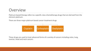 Overview
Platinum based therapy refers to a specific class chemotherapy drugs that are derived from the
element platinum.
There are three major platinum based cancer treatment drugs
These drugs are used to treat advanced forms of a variety of cancers including colon, lung,
ovarian, head and neck cancers.
 