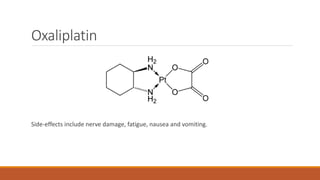 Oxaliplatin
Side-effects include nerve damage, fatigue, nausea and vomiting.
 