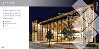 Facade
For designs that seek to achieve maximum
visibility with a strong, safe and secure structure.
The inherent strength of the design enables
the use of larger glass panes, increasing light
transmission, enhancing aesthetics and comfort
in modern building design.’
Energy efficient
Maximised light transmission
Comfort
Optimised floor space
15 16
Transparency &
Strength
 