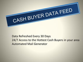 Data Refreshed Every 30 Days
24/7 Access to the Hottest Cash Buyers in your area
Automated Mail Generator
 