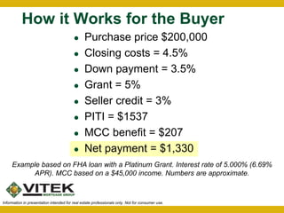 How it Works for the Buyer 
 Purchase price $200,000 
 Closing costs = 4.5% 
 Down payment = 3.5% 
 Grant = 5% 
 Seller credit = 3% 
 PITI = $1537 
 MCC benefit = $207 
 Net payment = $1,330 
Example based on FHA loan with a Platinum Grant. Interest rate of 5.000% (6.69% 
APR). MCC based on a $45,000 income. Numbers are approximate. 
Information in presentation intended for real estate professionals only. Not for consumer use. 
 