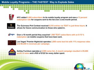 Mobile Loyalty Programs – THE FASTEST  Way to Explode Sales KFC added  6,000 subscribers  to its mobile loyalty program and saw a  13 percent redemption rate  for coupons sent to the list over a one-month period. T he Guinness Pint Contest received  8,510 entries via TEXT in just three hours.  It allows for future communication to those who opted-in. Over a 10 month period they acquired  1,900 TEXT subscribers with an 8-15 % redemption  on mobile coupons that have been sent. Las Vegas' Premier Nightclub operates  2,000 name text list with 11% response rates and $6,200 in revenues per campaign. Ashley Furniture operates a  6,000 name list. A recent campaign resulted in 85,000 worth of sales  and a ROI of $122 for every dollar spent. 
