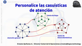 Personalice las casuísticas
de atención
LOGOS TECHNOLOGY es una empresa del grupo EQ SOFTMATERIALCONFIDENCIALLOGOSTECHNOLOGY-2018
Atención general
Venta de Ropa
Venta de
Electrodomésticos
Ernesto Quiñones A. - Director Comercial & Operaciones ernesto@logos.technology
 