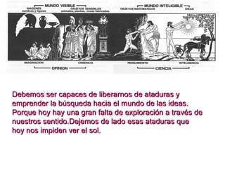 Debemos ser capaces de liberarnos de ataduras y emprender la búsqueda hacia el mundo de las ideas. Porque hoy hay una gran falta de exploración a través de nuestros sentido.Dejemos de lado esas ataduras que hoy nos impiden ver el sol. 
