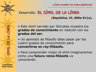 Desarrollo:   EL SÍMIL DE LA LÍNEA ( República , VI, 509e-511e). SÍMIL DE LA LÍNEA Este símil narrado por Sócrates muestra los  grados de conocimiento  en relación con los  grados del ser . Un aprendiz de filósofo debe pasar por los cuatro grados de conocimiento para  convertirse en rey-filósofo. Para comprender mejor el símil imaginaremos cómo una  futura reina-filósofa  va conociendo. Concepción Pérez García ¿Cómo enseñar los mitos platónicos? 