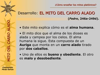 MITO DEL CARRO ALADO Desarrollo:   EL MITO DEL CARRO ALADO ( Fedro , 246a-249d). <ul><li>Este mito explica cómo es el  alm...