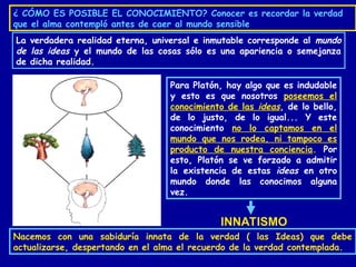 ¿ CÓMO ES POSIBLE EL CONOCIMIENTO? Conocer es recordar la verdad
que el alma contempló antes de caer al mundo sensible
La verdadera realidad eterna, universal e inmutable corresponde al mundo
de las ideas y el mundo de las cosas sólo es una apariencia o semejanza
de dicha realidad.
Para Platón, hay algo que es indudable
y esto es que nosotros poseemos el
conocimiento de las ideas, de lo bello,
de lo justo, de lo igual... Y este
conocimiento no lo captamos en el
mundo que nos rodea, ni tampoco es
producto de nuestra conciencia. Por
esto, Platón se ve forzado a admitir
la existencia de estas ideas en otro
mundo donde las conocimos alguna
vez.
INNATISMO
Nacemos con una sabiduría innata de la verdad ( las Ideas) que debe
actualizarse, despertando en el alma el recuerdo de la verdad contemplada.
 