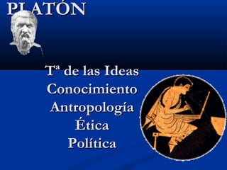 PLATÓNPLATÓN
Tª de las IdeasTª de las Ideas
ConocimientoConocimiento
AntropologíaAntropología
ÉticaÉtica
PolíticaPolítica
 